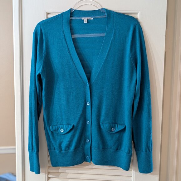 Halogen 100% Merino Wool Teal V-neck Button Cardigan Sweater | LG Petite | EUC - Picture 1 of 8